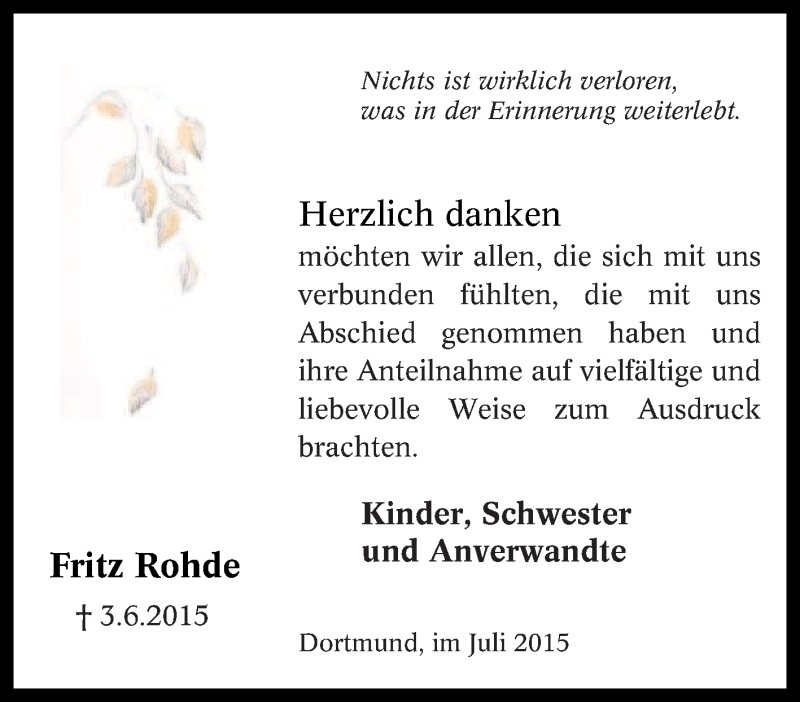  Traueranzeige für Fritz Rohde vom 04.07.2015 aus Tageszeitung