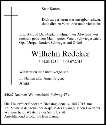 Traueranzeige von Wilhelm Redeker von Tageszeitung