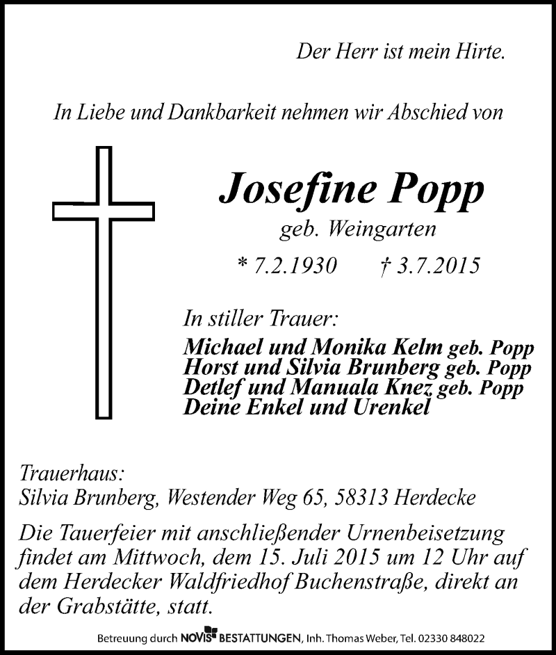  Traueranzeige für Josefine Popp vom 11.07.2015 aus Tageszeitung