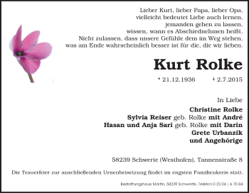 Traueranzeige von Kurt Rolke von Tageszeitung
