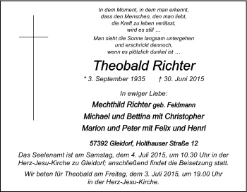 Traueranzeige von Theobald Richter von Tageszeitung