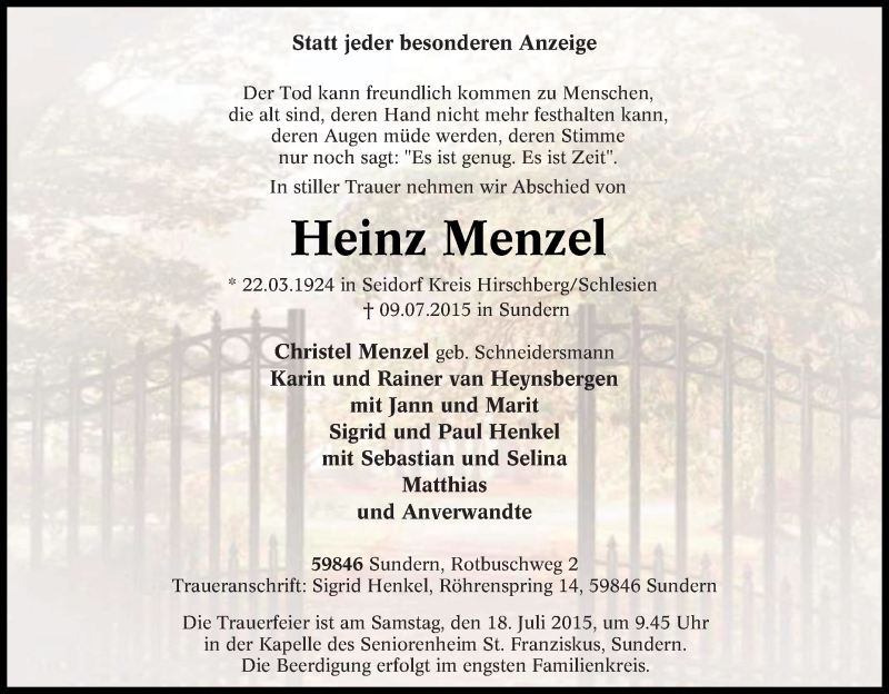  Traueranzeige für Heinz Menzel vom 13.07.2015 aus Tageszeitung