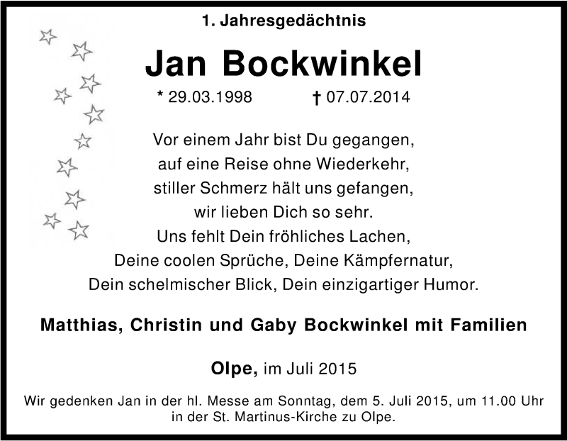  Traueranzeige für Jan Bockwinkel vom 04.07.2015 aus Tageszeitung