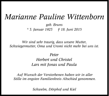 Traueranzeige von Marianne Pauline Wittenborn von Tageszeitung