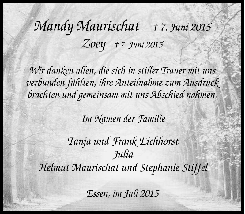  Traueranzeige für Mandy und Zoey Maurischat vom 04.07.2015 aus Tageszeitung