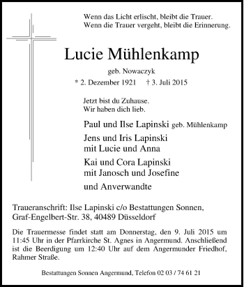 Traueranzeige von Lucie Mühlenkamp von Tageszeitung