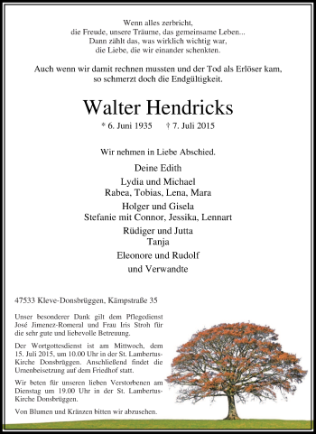 Traueranzeige von Walter Hendricks von Tageszeitung