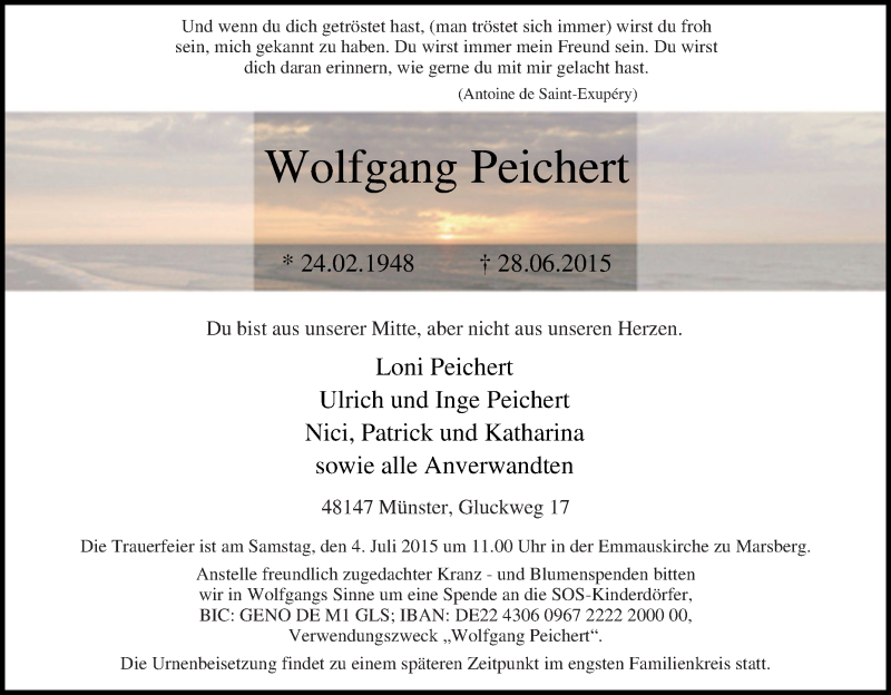  Traueranzeige für Wolfgang Peichert vom 01.07.2015 aus Tageszeitung