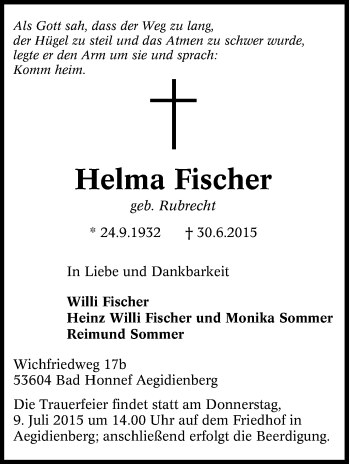 Traueranzeige von Helma Fischer von Tageszeitung