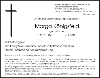 Traueranzeige von Marga Königsfeld von Tageszeitung