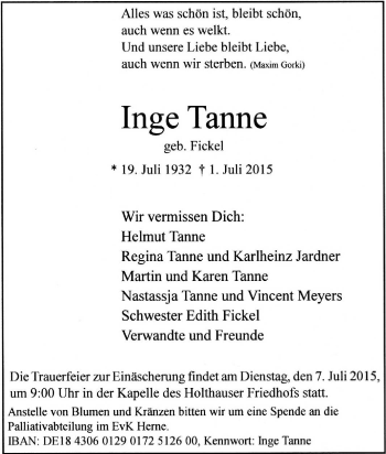 Traueranzeige von Inge Tanne von Tageszeitung