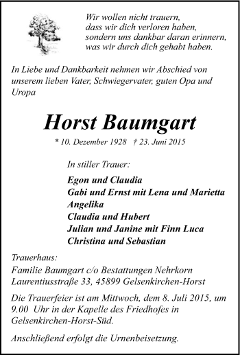 Traueranzeige von Horst Baumgart von Tageszeitung