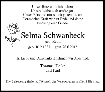Traueranzeige von Selma Schwanbeck von Tageszeitung