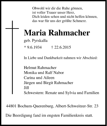 Traueranzeige von Maria Rahmacher von Tageszeitung