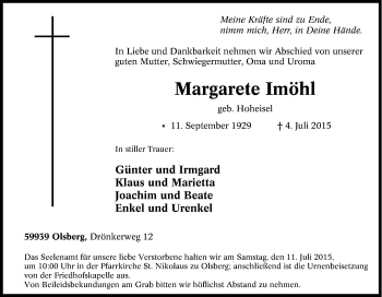 Traueranzeige von Margarete Imöhl von Tageszeitung