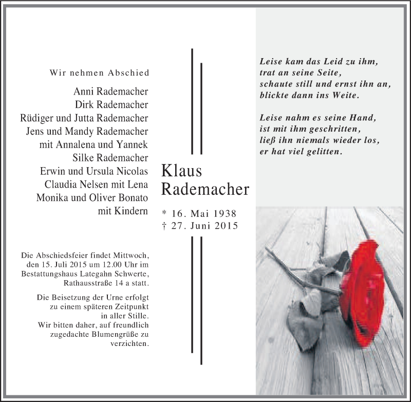  Traueranzeige für Klaus Rademacher vom 11.07.2015 aus Tageszeitung