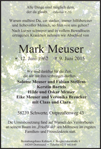 Traueranzeige von Mark Meuser von Tageszeitung