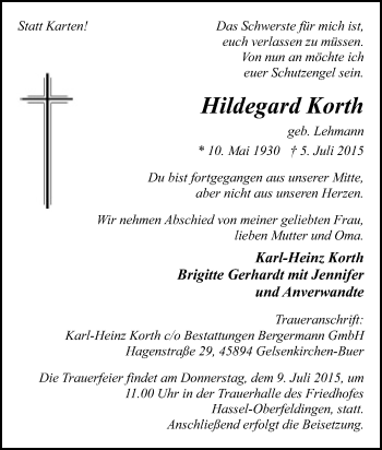 Traueranzeige von Hildegard Korth von Tageszeitung