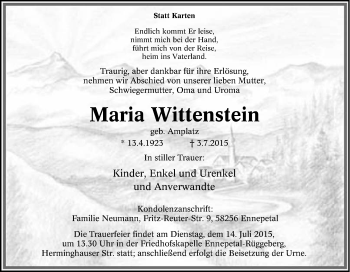 Traueranzeige von Maria Wittenstein von Tageszeitung