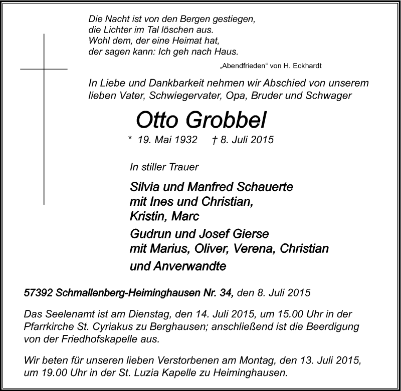  Traueranzeige für Otto Grobbel vom 10.07.2015 aus Tageszeitung