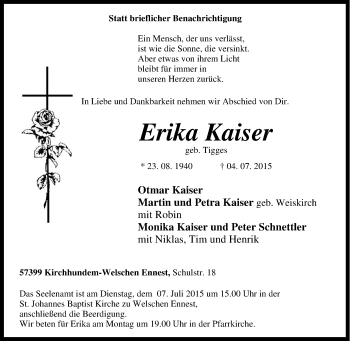 Traueranzeige von Erika Kaiser von Tageszeitung