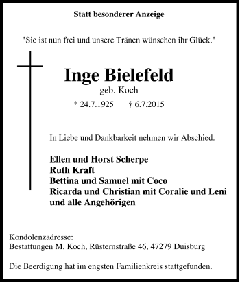 Traueranzeige von Inge Bielefeld von Tageszeitung