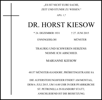 Traueranzeige von Horst Kiesow von Tageszeitung