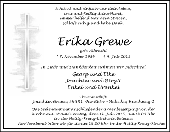 Traueranzeige von Erika Grewe von Tageszeitung