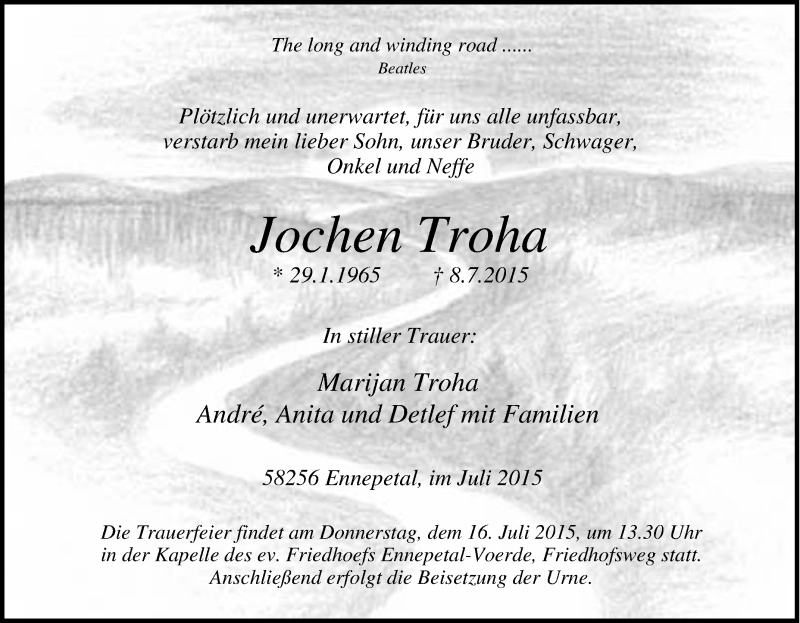  Traueranzeige für Jochen Troha vom 11.07.2015 aus Tageszeitung