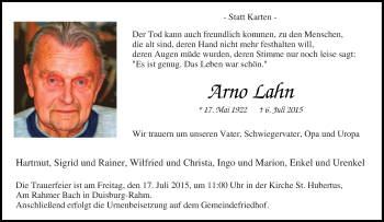 Traueranzeige von Arno Lahn von Tageszeitung