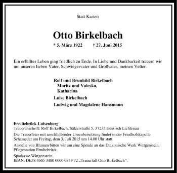 Traueranzeige von Otto Birkelbach von Tageszeitung