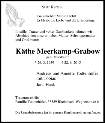 Traueranzeige von Käthe Meerkamp-Grabow von Tageszeitung