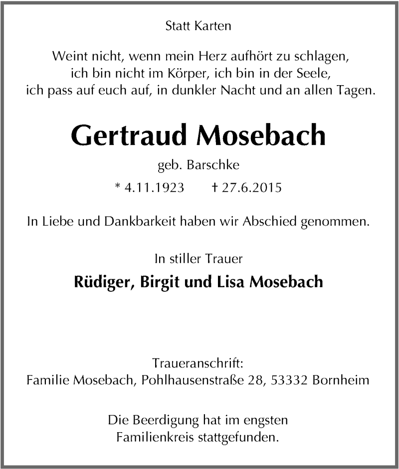  Traueranzeige für Gertraud Mosebach vom 06.07.2015 aus Tageszeitung