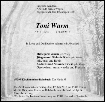 Traueranzeige von Toni Wurm von Tageszeitung