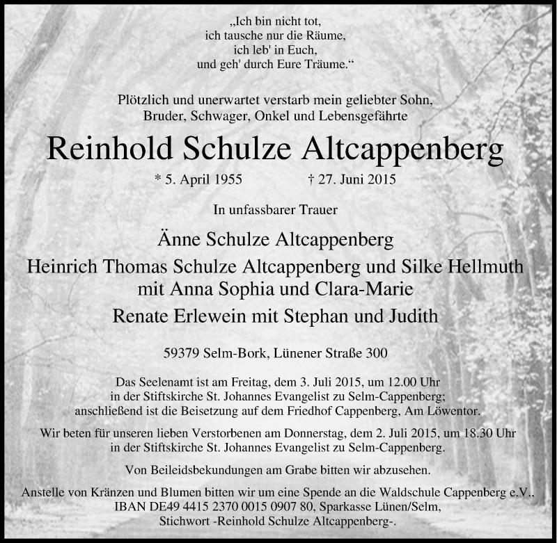  Traueranzeige für Reinhold Schulze Altcappenberg vom 01.07.2015 aus Tageszeitung