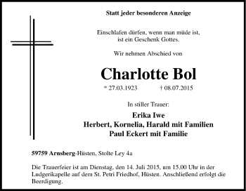 Traueranzeige von Charlotte Bol von Tageszeitung