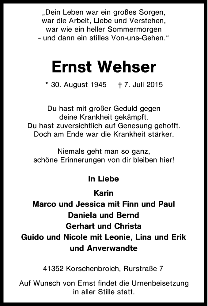  Traueranzeige für Ernst Wehser vom 11.07.2015 aus Tageszeitung