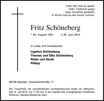 Traueranzeige von Fritz Schöneberg von Tageszeitung
