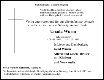 Traueranzeige von Ursula Wurm von Tageszeitung