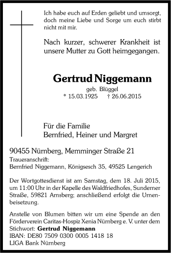 Traueranzeige von Gertrud Niggemann von Tageszeitung