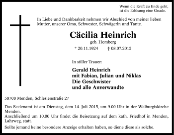 Traueranzeige von Cäcilia Heinrich von Tageszeitung