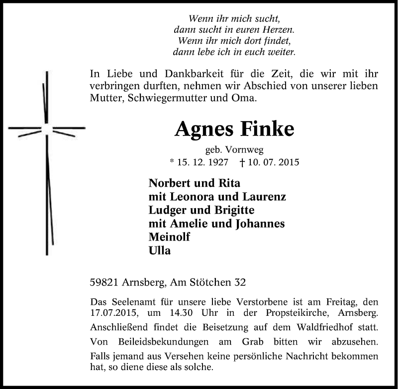  Traueranzeige für Agnes Finke vom 14.07.2015 aus Tageszeitung