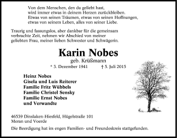 Traueranzeige von Karin Nobes von Tageszeitung