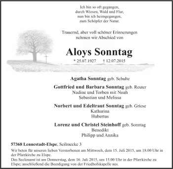 Traueranzeige von Aloys Sonntag von Tageszeitung