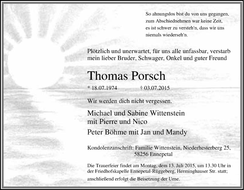  Traueranzeige für Thomas Porsch vom 09.07.2015 aus Tageszeitung