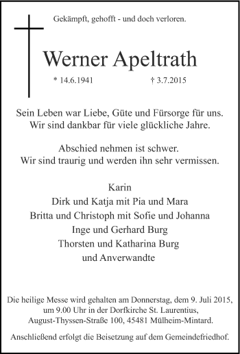 Traueranzeige von Werner Apeltrath von Tageszeitung