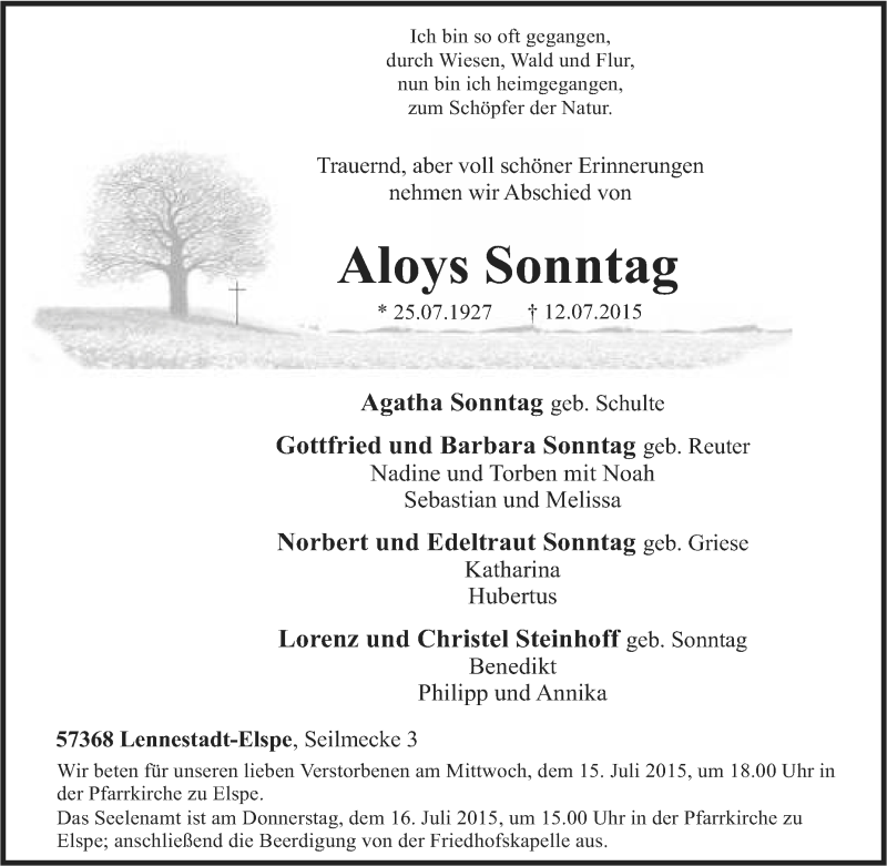  Traueranzeige für Aloys Sonntag vom 13.07.2015 aus Tageszeitung