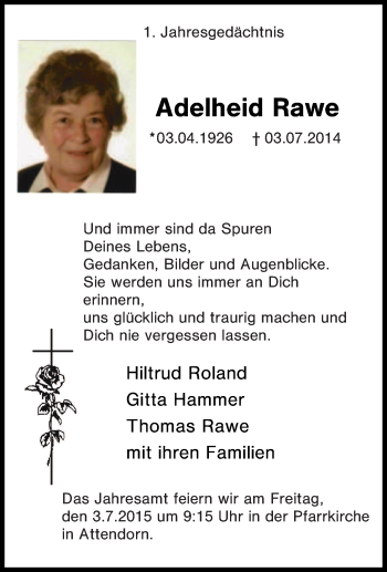 Traueranzeige von Adelheid Rawe von Tageszeitung