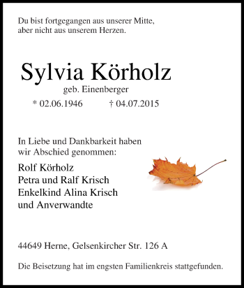 Traueranzeige von Sylvia Körholz von Tageszeitung