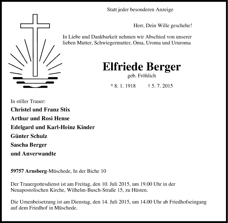  Traueranzeige für Elfriede Berger vom 08.07.2015 aus Tageszeitung